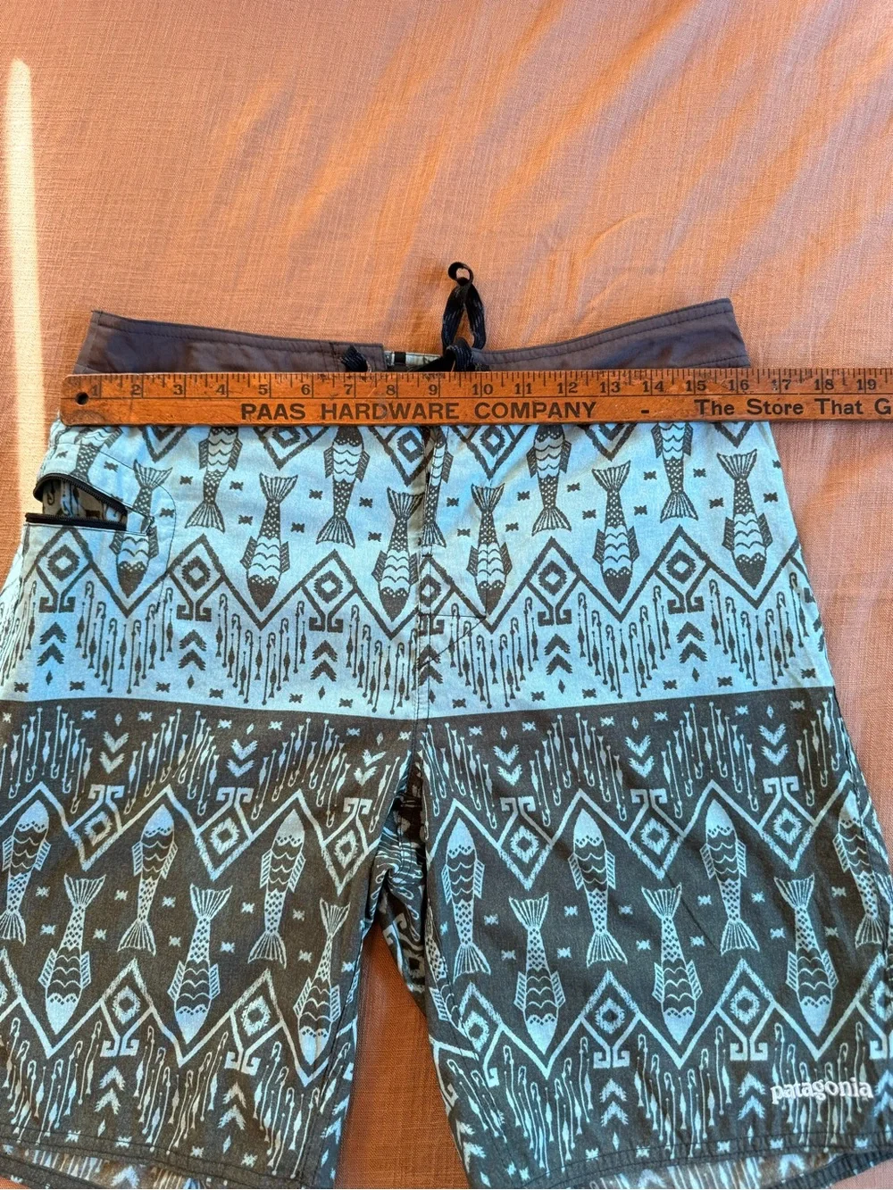 Patagonia Aqua and Charcoal Fish-Pattern Swim Board Shorts